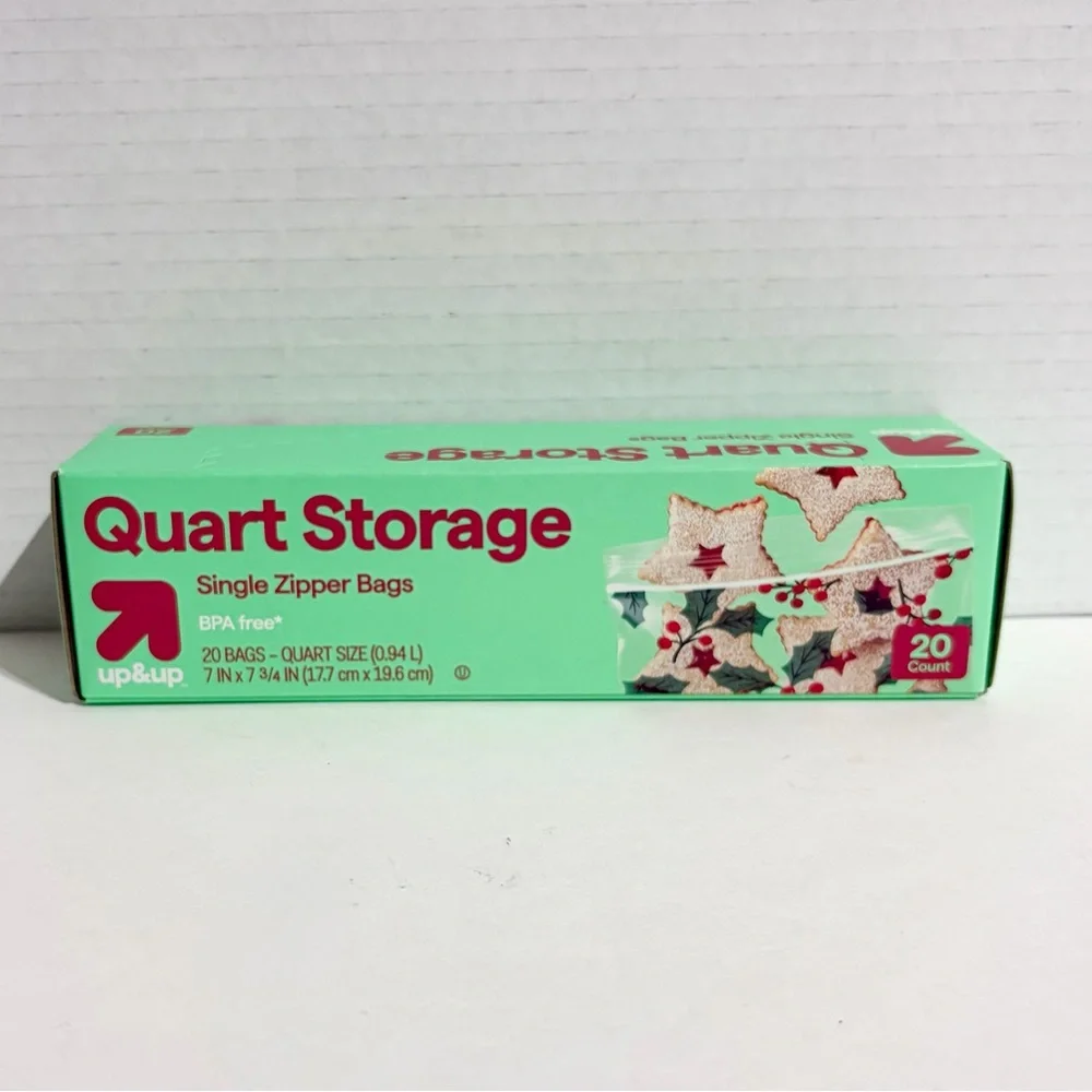 Up&Up Holiday Quart Zipper Close Food Storage Bag 20ct Holly Berry NEW